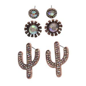 Crystal Pave Copper Cactus Set Of 3 Earrings